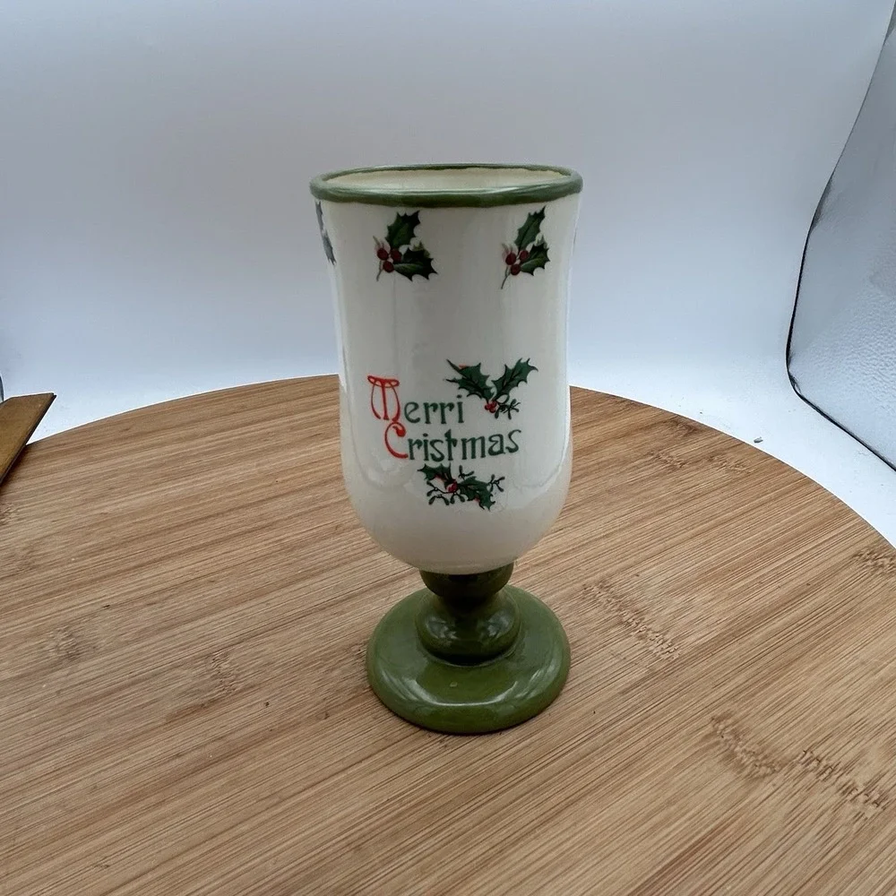 Studio Pottery - Small Merry Christmas Footed Vase Signed Holly And‎ Berries